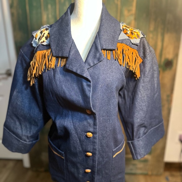alba mora Jackets & Blazers - Oversized One-of-a-Kind Denim western Fringe Western Blazer  women size xl
